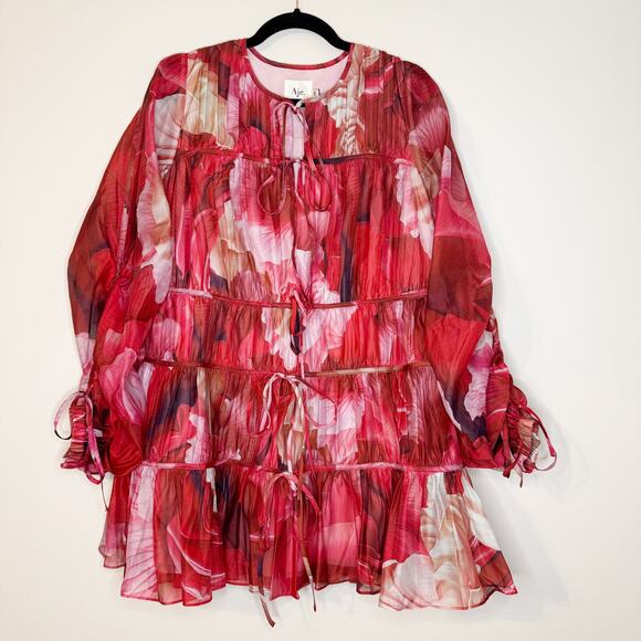 Aje Floral Prismatic Red Pink Long Sleeve Statement Sleeve Mini Dress US 2/AUS 6 - Picture 4 of 10